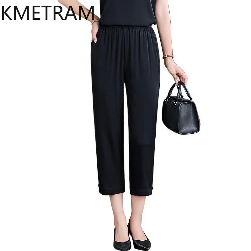 KMETRAM 91% Real Mulberry Silk Trousers Women 2026 Summer Elastic Waist Calf-length Pencil Pants Clothes for Woman Ropa De Mujer