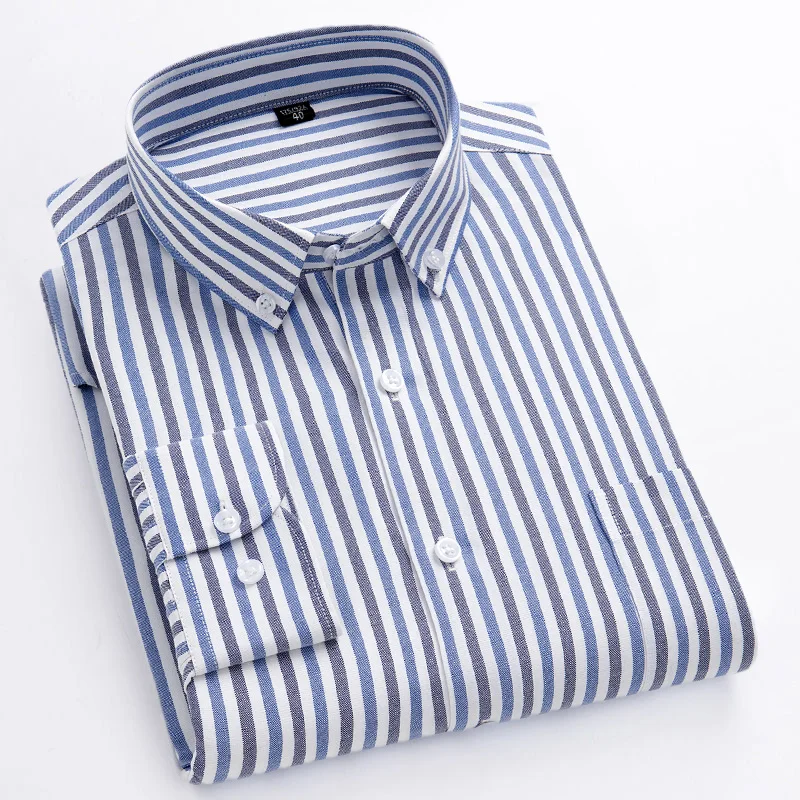 Camisa clásica de algodón para hombre, camisas a cuadros a rayas de manga larga, cómodas, suaves y versátiles, camisas sociales informales de