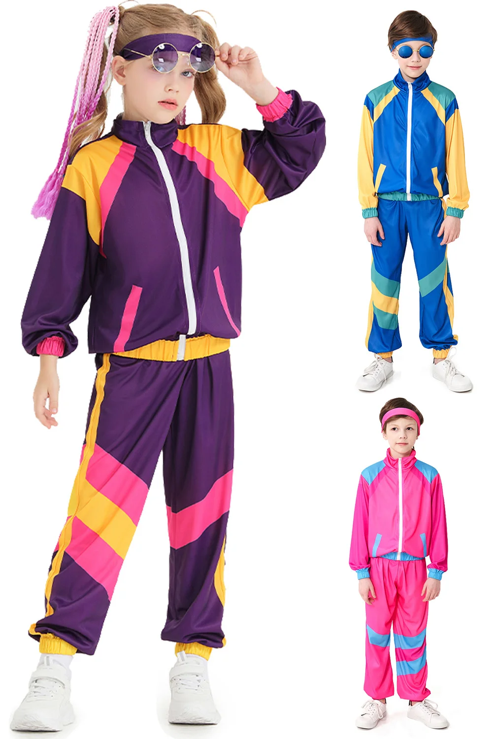 80s 90s Retro Hip-hop Stage Costume Pink Blue Dance Clothes Pants Sportwear Set Outfits Halloween Carnival Suit Kids Chirdren