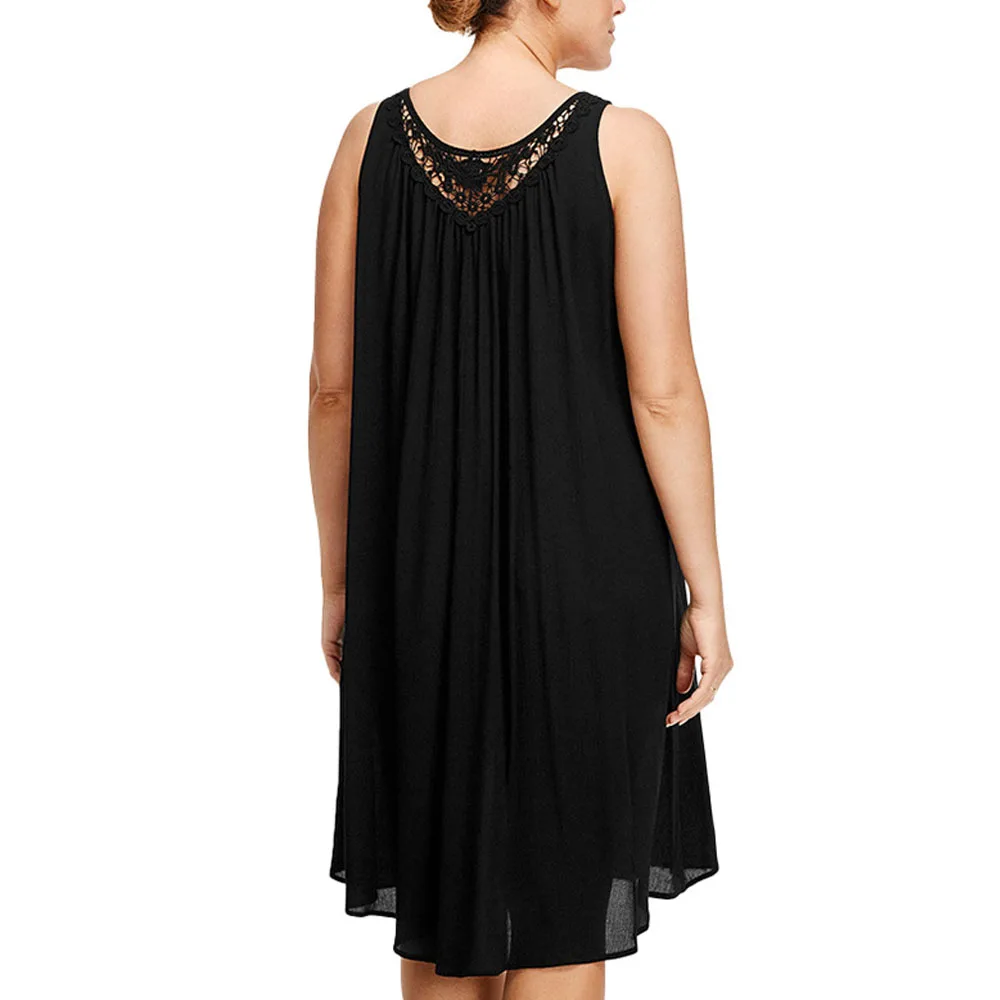 Casual Plus Size Dresses For Women 2023 Summer Loose A-line Basic Knitted Midi Tank Dress Sex Lace Patchwork Sundress Big Size