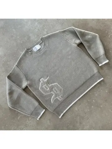 Y2K Round Neck Gray Knitted Sweater New Popular Symbol Pattern Retro Harajuku Pullover Autumn Winter Warm Boxy Men's Clothing