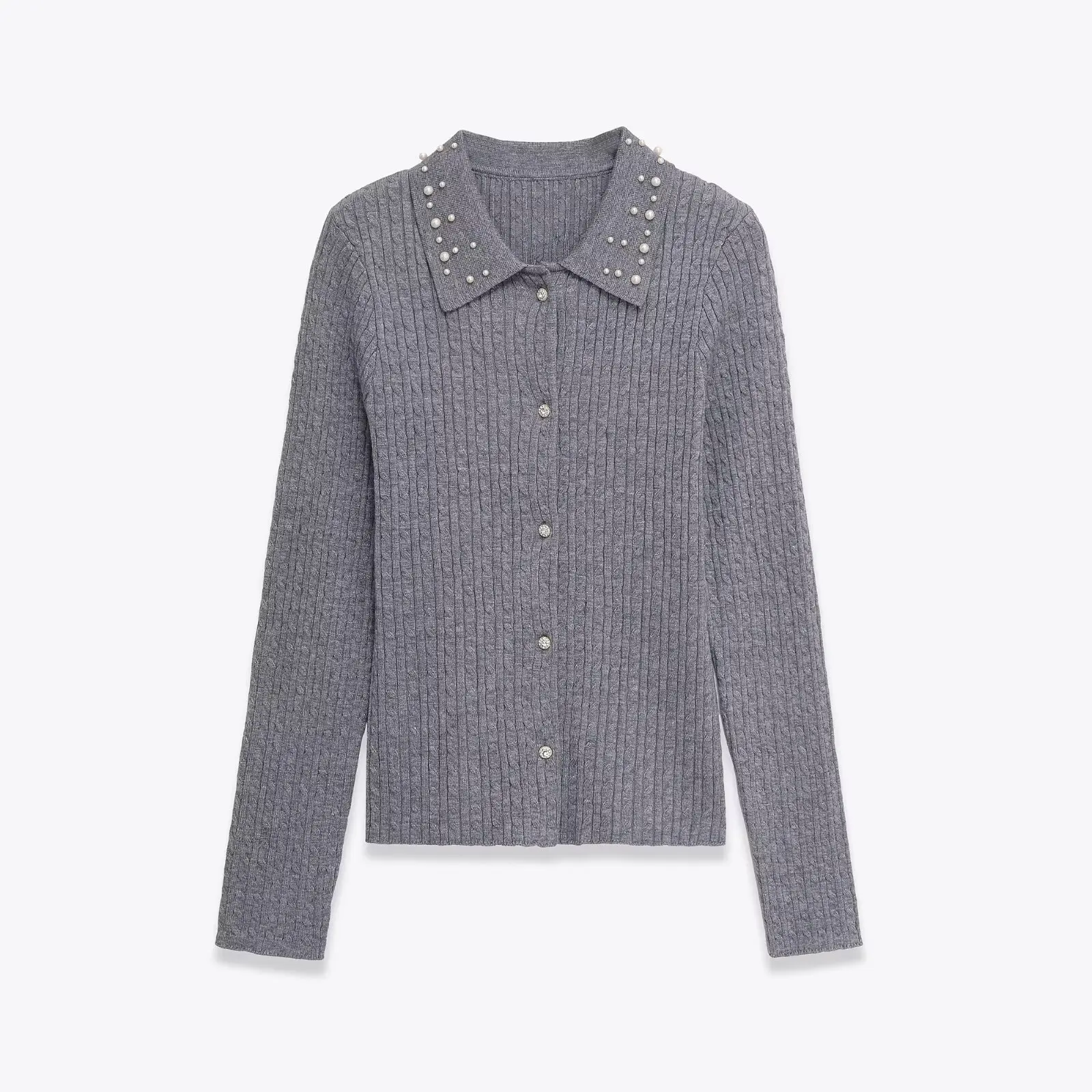 

Женский укороченный вязаный кардиган с лацканами и бисером на пуговицах, облегающая однотонная куртка с длинными рукавами, ранняя осень, женский шикарный топ