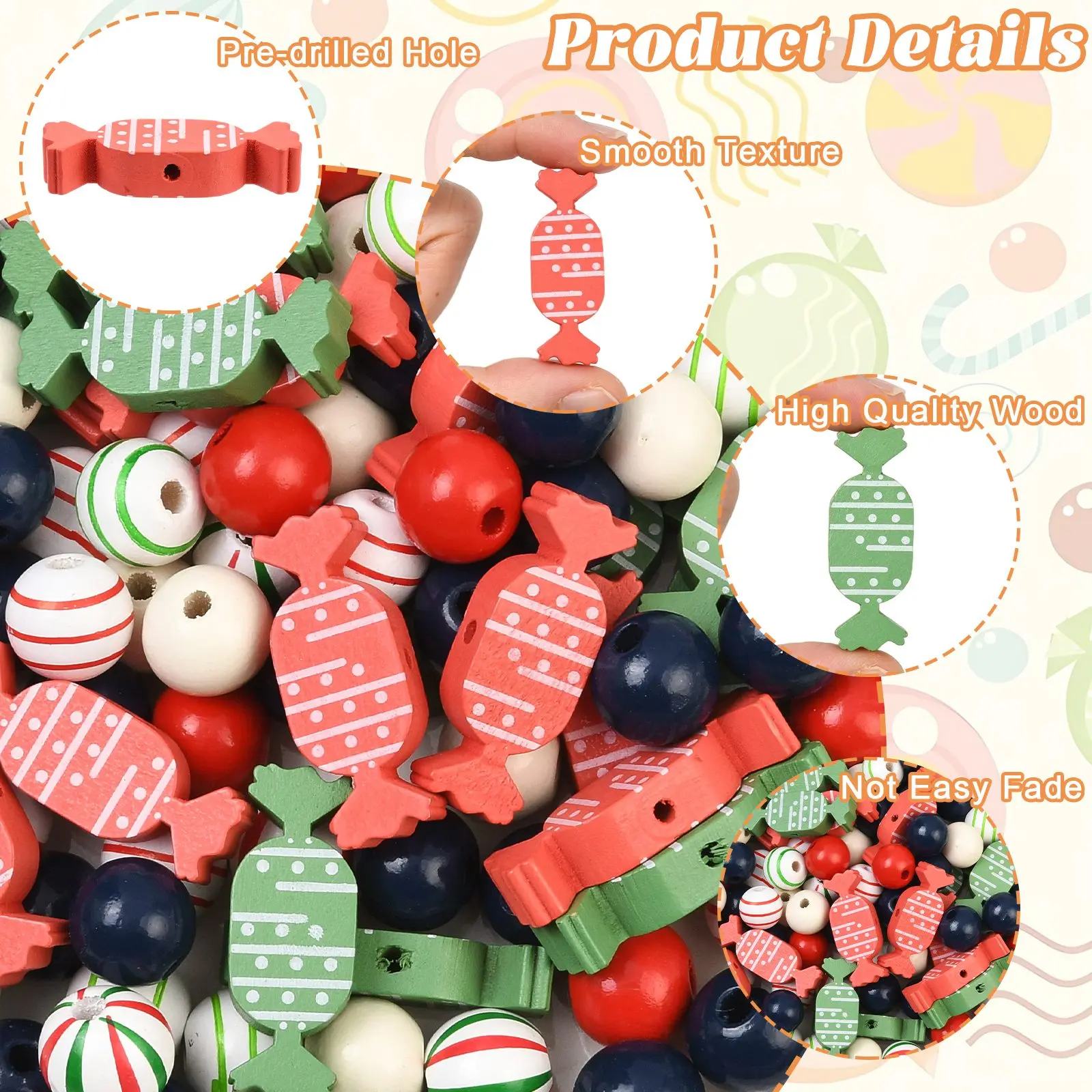 PandaHall 100 Stück Zufällige Weihnachts-Holzperlen-Sets, 16mm, Bemalt, für DIY-Schmuck, Weihnachts- und Feiertagsdekorationen – Detail 6