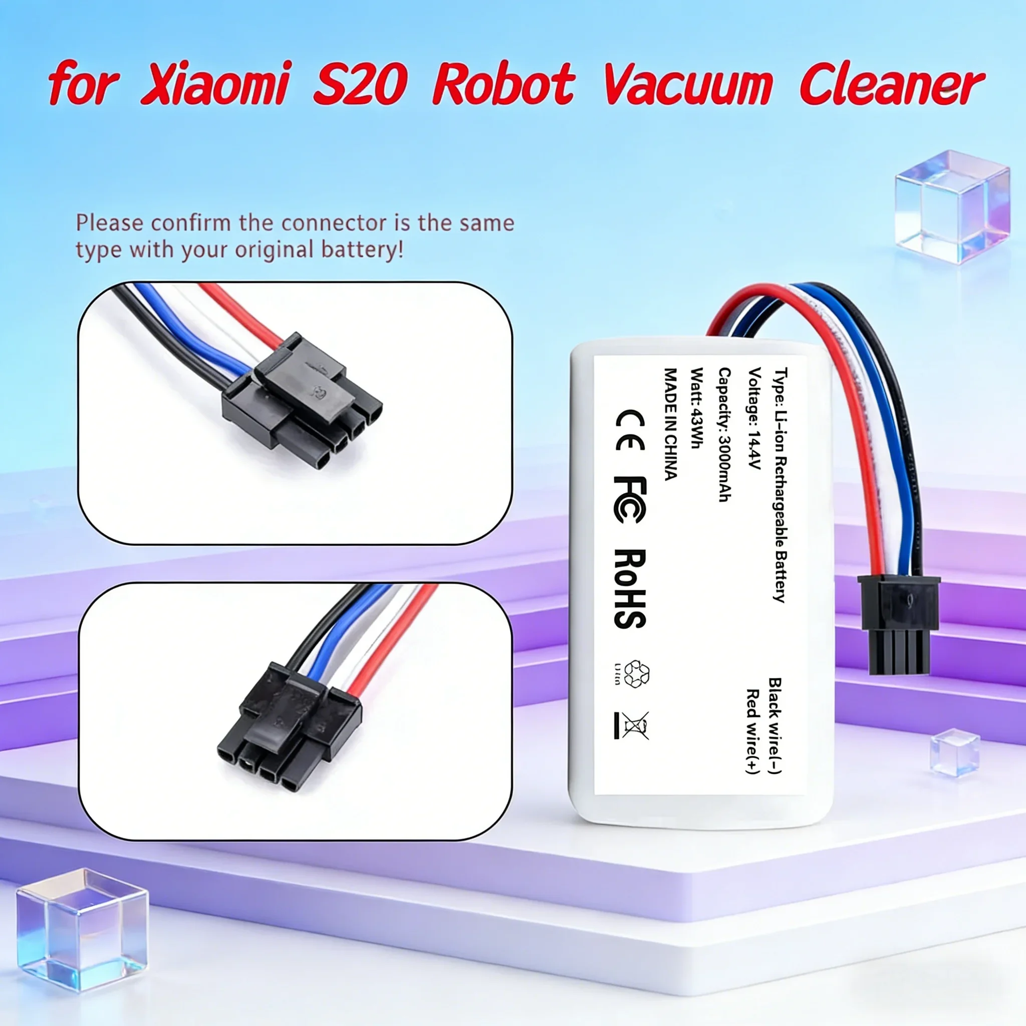 

New 14.4V 3000mAh Original Battery Pack Used for Xiaomi S20 Robot Vacuum Cleaner Endurance Sweeping Robot Battery.