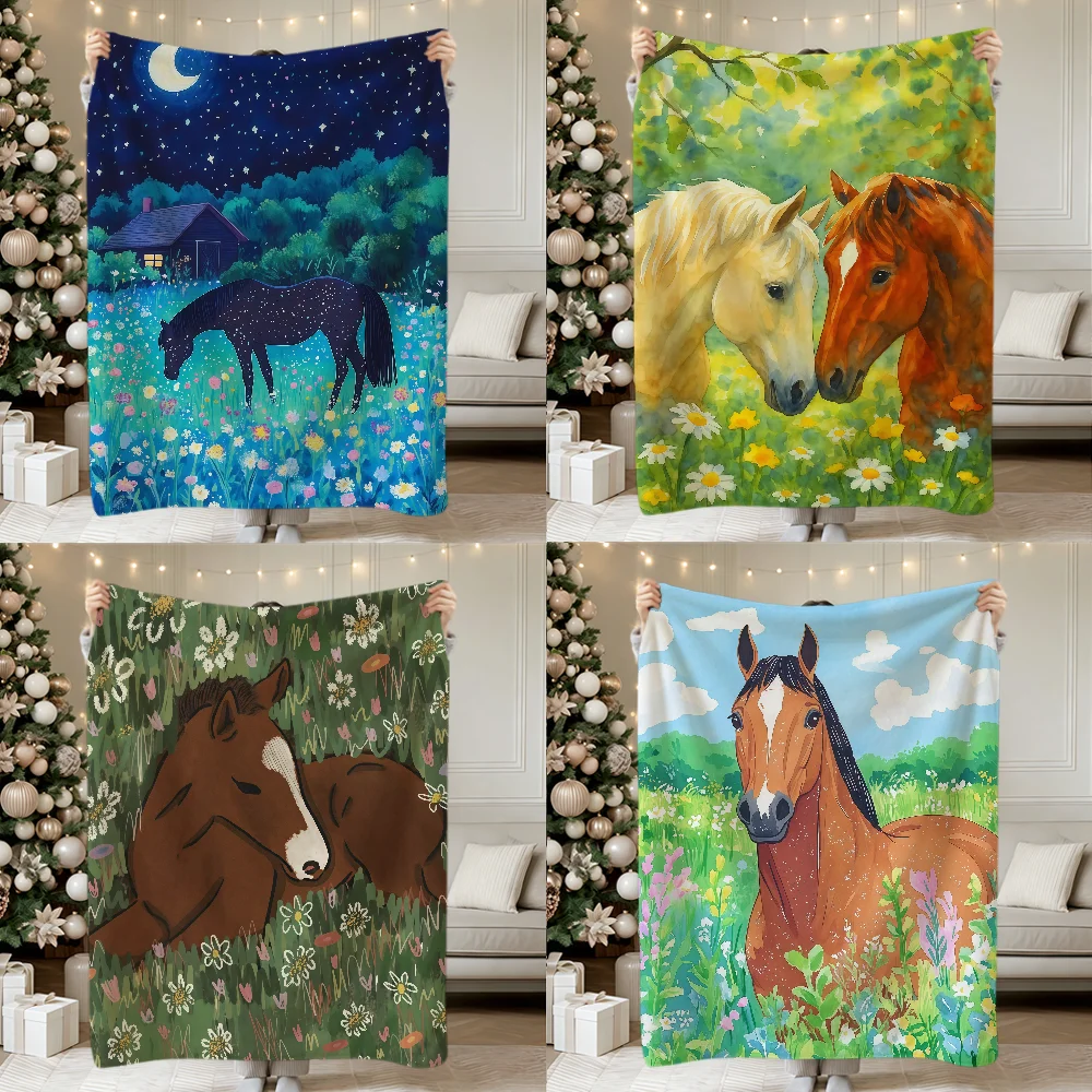 Flowers Grasslands Modern Art Horses Soft Warm Plush Blanket For Dorm Sofa Living Room Pet Hogar Bedroom Gift Nap Home Flannel