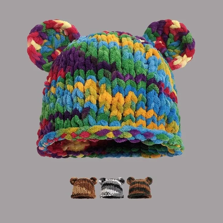 Dopamine Color Cat Ear Knitted Beanie Cap for Women Thickened Warm Ear Protection Korean Version Cute Bear Ear Woolen Hat