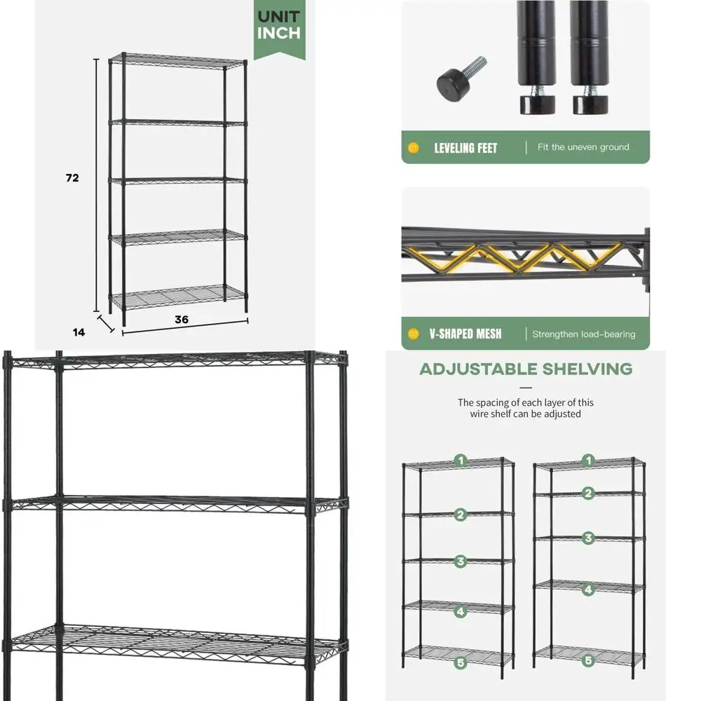 

Стеллаж из проволоки, 5-ярусный, усиленный, 14 дюймов в глубину x 36 дюймов в ширину x 72 дюйма в высоту, грузоподъемность 1250 фунтов, черный