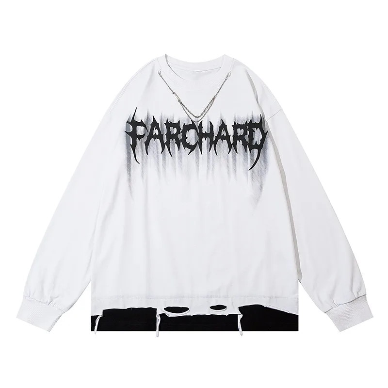 

Gothic Style Letter Graphic Print Tearing Hem Sweatshirt for Men Hit Color Fake Two Pieces Oversized Pullover Chain Decorated