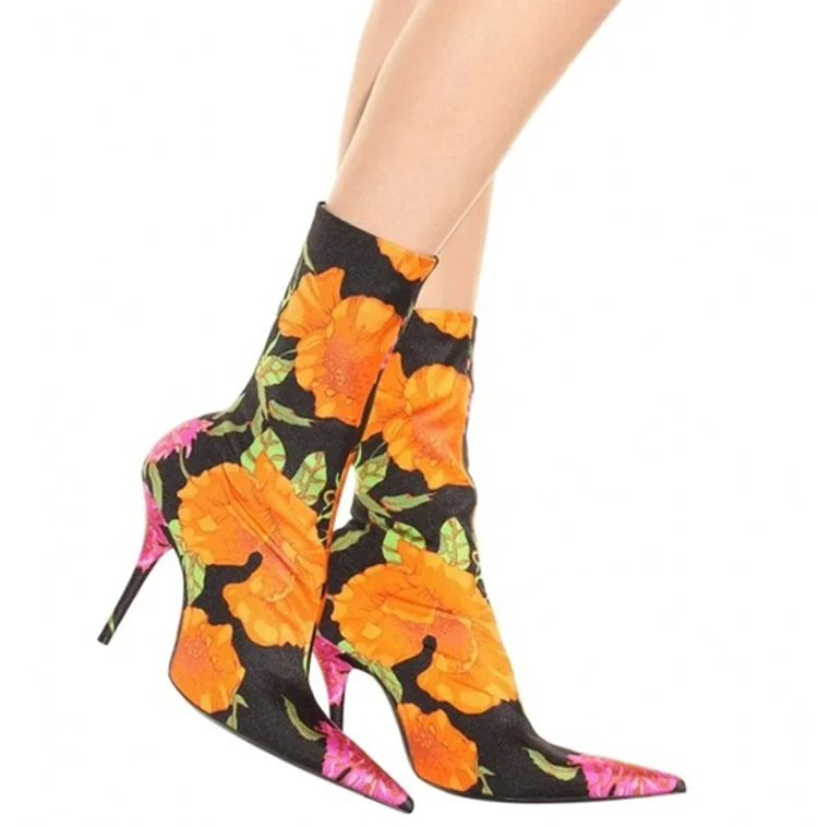 

Sexy Pointy Toe Stretch Floral Satin Ankle Boots Elastic Slip On Women Thin Heel Fuchsia Velvet Sock Boots