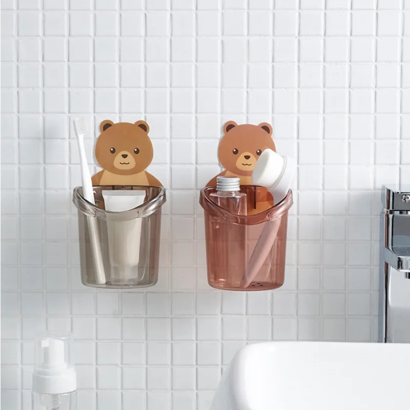 Toothbrush Holder Adorable Bear Hug Storage Cup Wall-mounted Drain Design Easy Organization Toothbrush Cup Bathroom Supplies