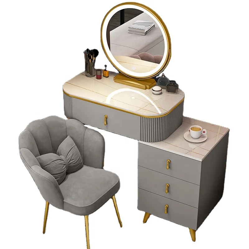 Modern Intelligent Entryway Dressing Table with Mirror Chair Multifunctional Princess Furniture Smart MDF Wood Style for Bedroom