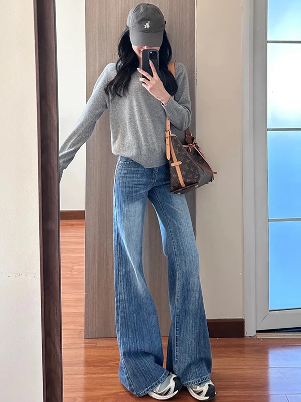 

American Retro Flared Jeans Women's Loose Fit Low Waist Dragging und Long Pants Spring New Sle Casual Wear Daily Scene