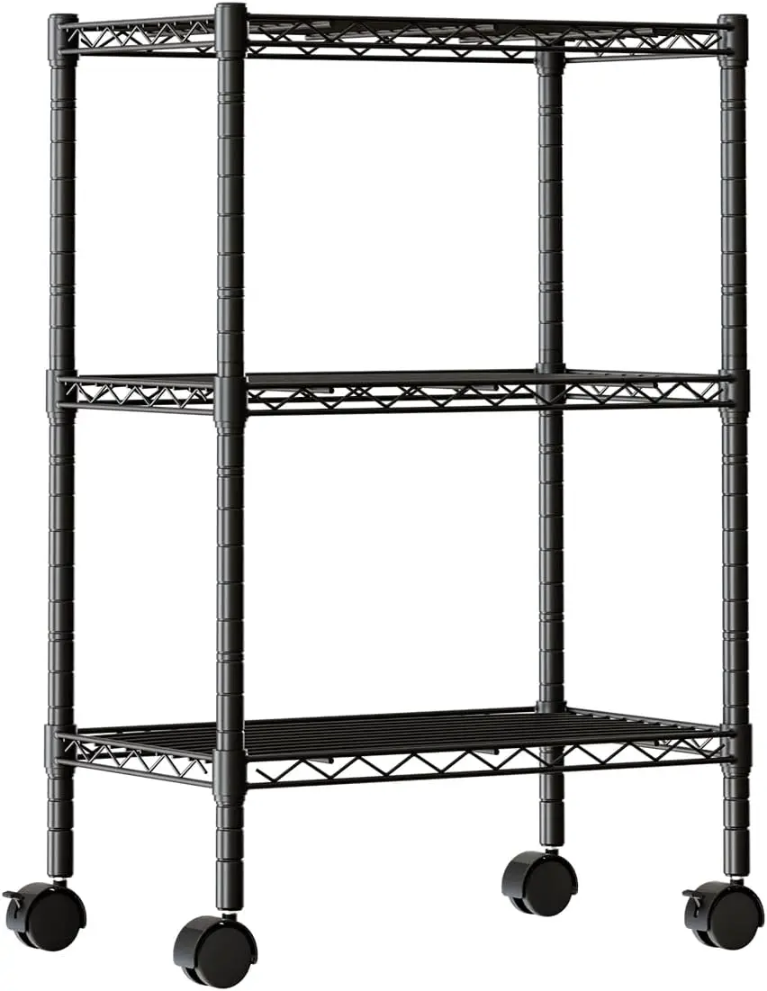 

3 Tier Metal Shelving, Heavy Duty Wire Shelves with Wheels, Storage Organizer for Garage Kitchen Bathroom Laundry Black