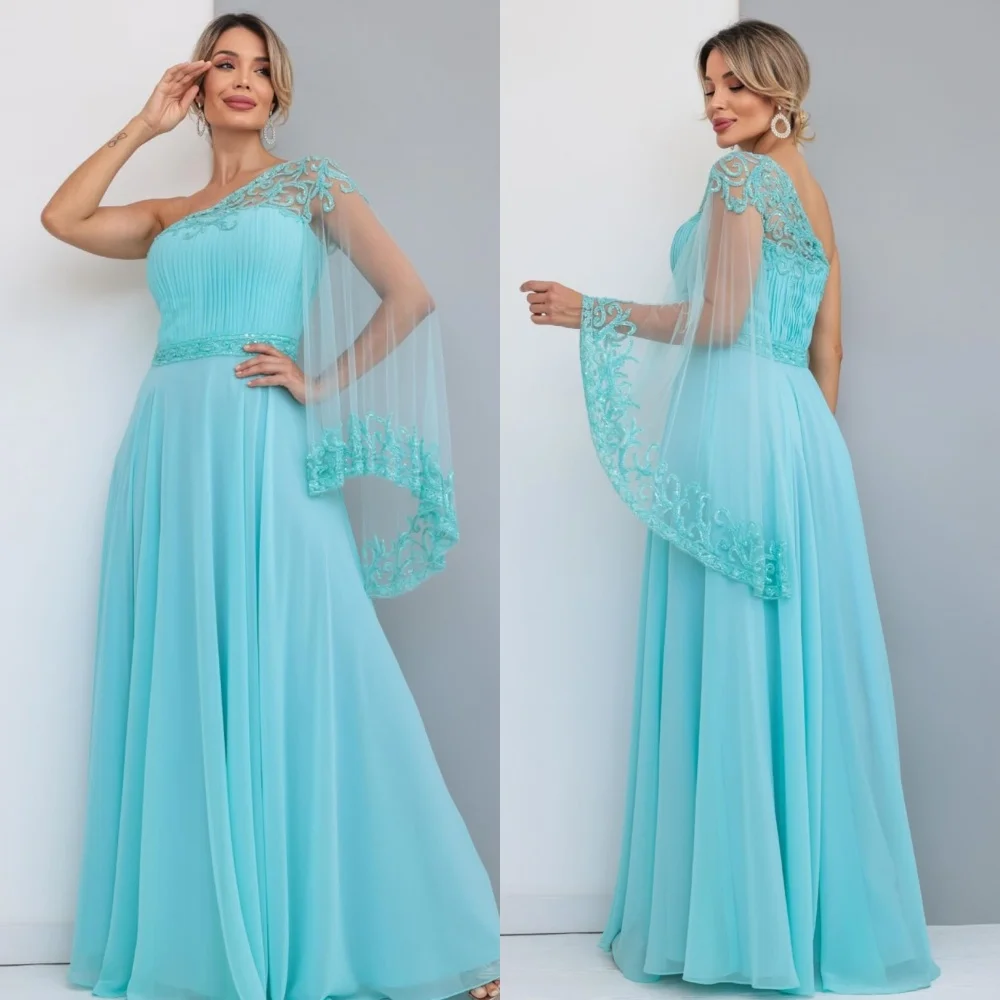 

Customized Exquisite Elegant Chiffon Applique Sequined Pleat Draped A-line One-shoulder Long Dresses Bespoke Occasion Dresses