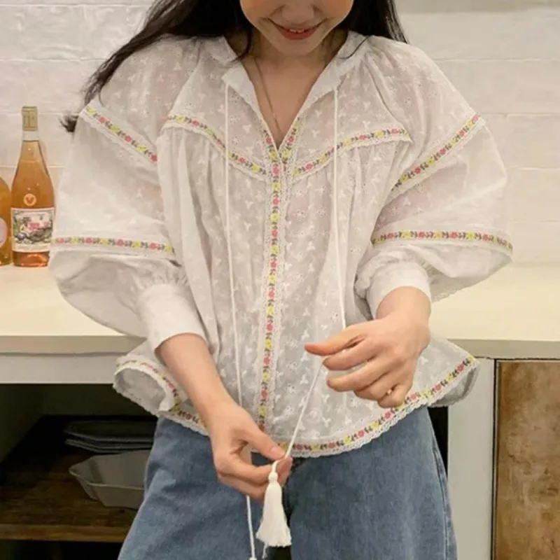 

V Neck Bandage Lantern Sleeve Blouses Korean Fashion Blusas Mujer De Moda 2024 Embroidery Flower Sweet Women Clothing Shirts