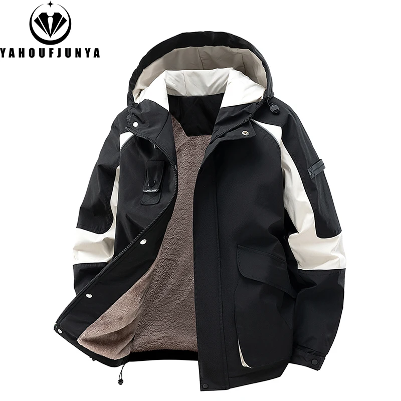 2024 Spring Men Outdoor Windbreak Hooded Fleece Jacket Men Autumn Warm Solid Casual Fashion Loose Jacket Coat Male Clothing Tops