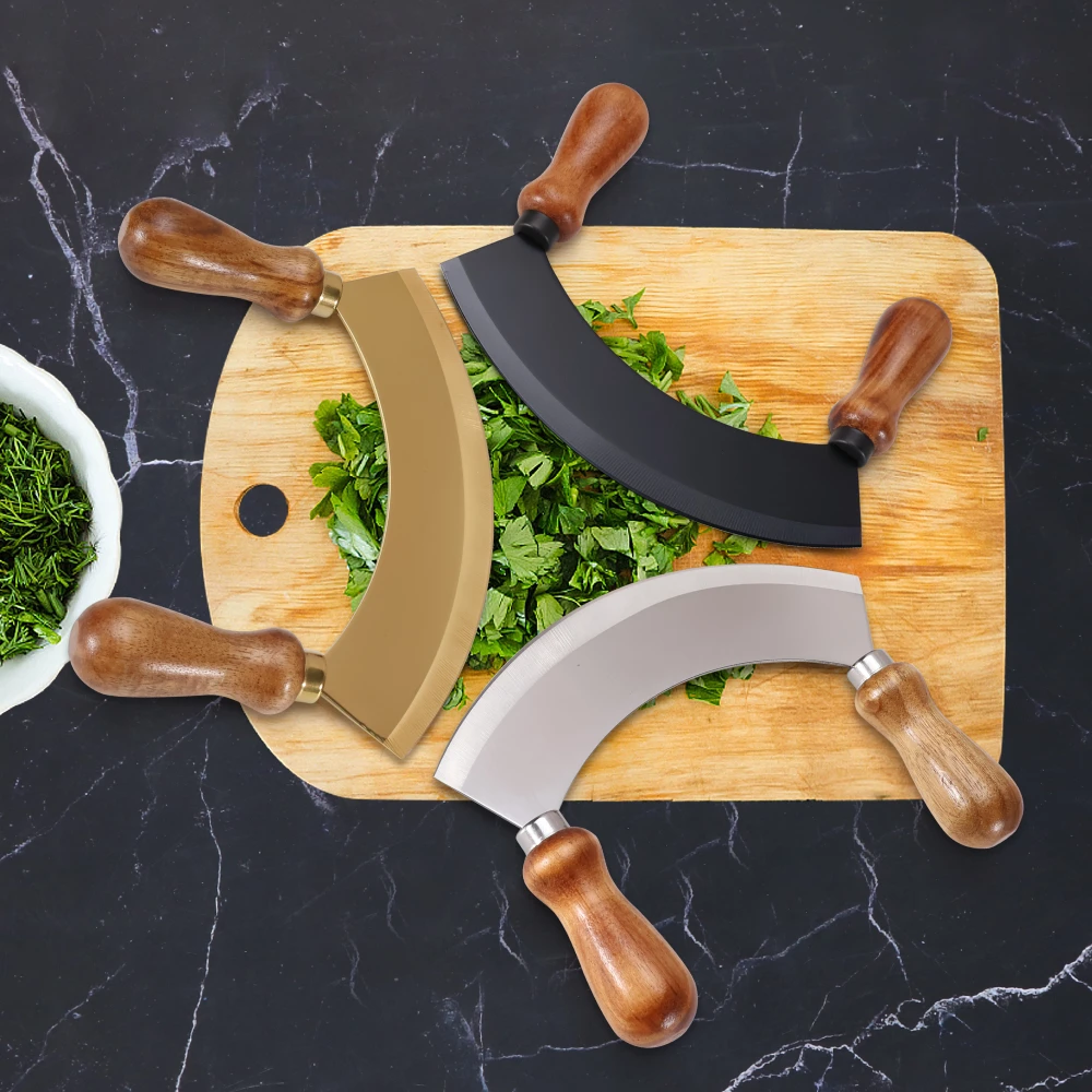 

7 Inch Stainless Steel Herb chopper Mezzaluna Knife Dessert Pizza cutter Wooden handle Food shredder Kitchen Convenient chopper