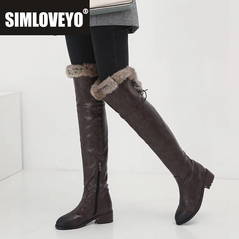 

SIMLOVEYO Зимние сапоги на меху Женские кожаные сапоги Сапоги выше колена на среднем блочном каблуке Женская обувь Bota Feminina Размер 44 46