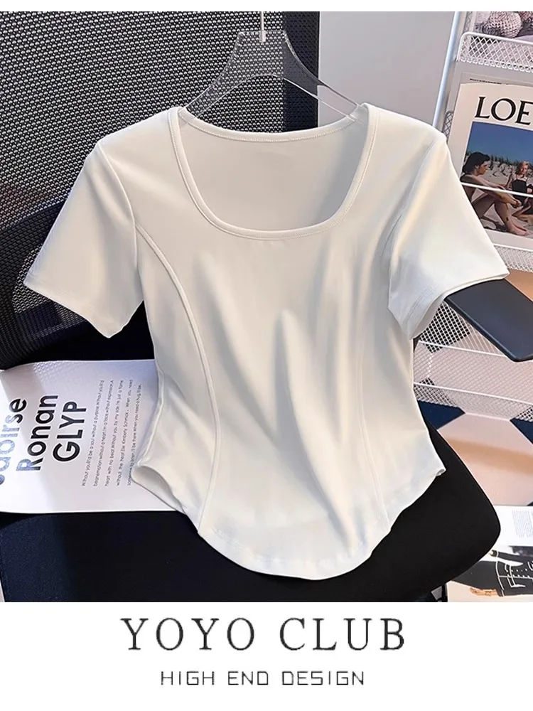 

Женская футболка Slim Fit с коротким рукавом, квадратным вырезом, укороченная, летний стиль для повседневной носки, топ с узором «рыбья кость»