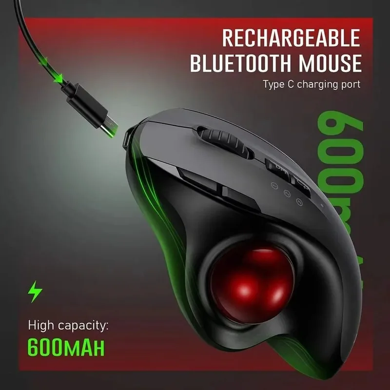 Dual Mode Trackball Ergonomic Rechargeable Wireless Office Mouse DPI1000-2400 Ultra Long Battery Life High Precision Sensitivity