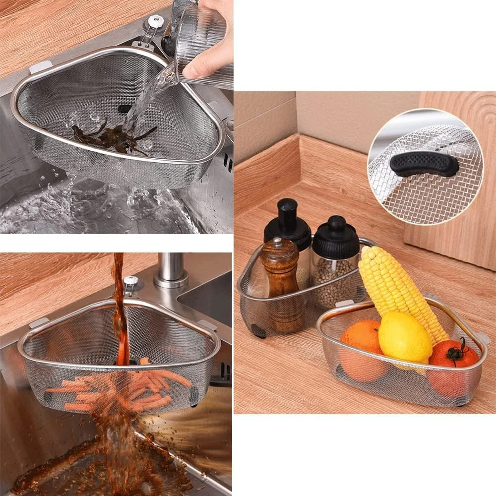 KitchenFood Catcher Strainer for Kitchen Waste Sink Triangle Tri-Holder Filter Sink Strainer Saddle Leftover Mesh Stainless Stee