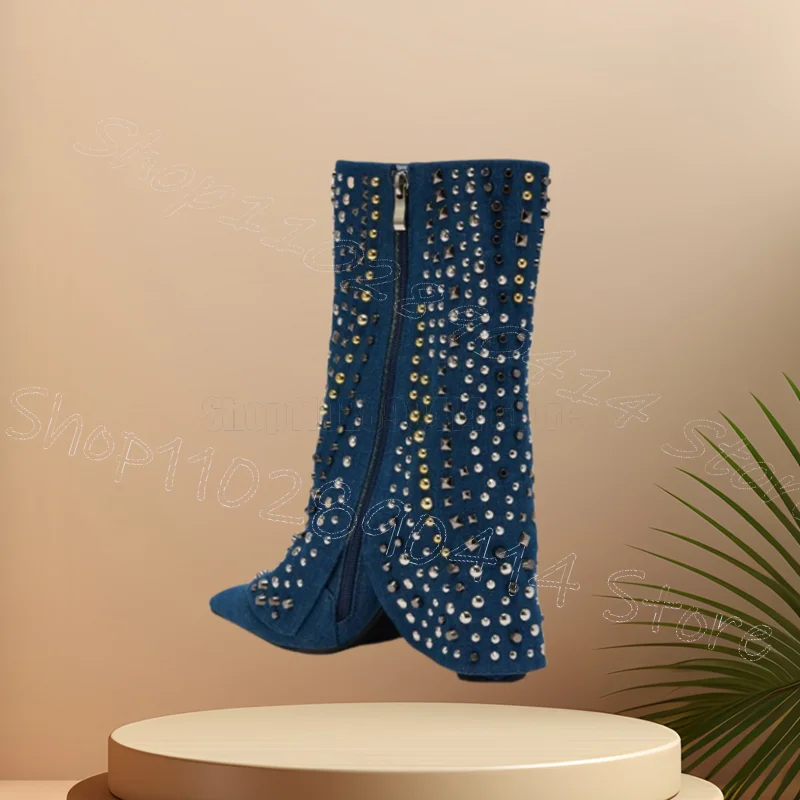 

Metal Rivets Blue Denim Turned Over Boots Side Zipper Women Shoes Chunky High Heels Pointed Toe Party 2025 Zapatos Para Mujere