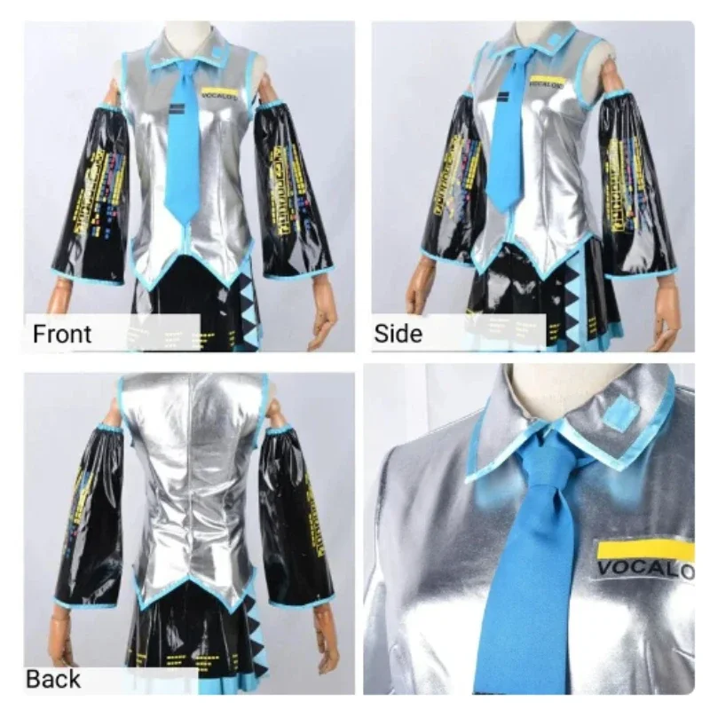 Miku Cosplay Kostuum Zilver Lakleer Kleding Blauwe Pruik Hoofddeksels Jk Matroos Jurk Middelbare School Uniform Halloween Rekwisieten