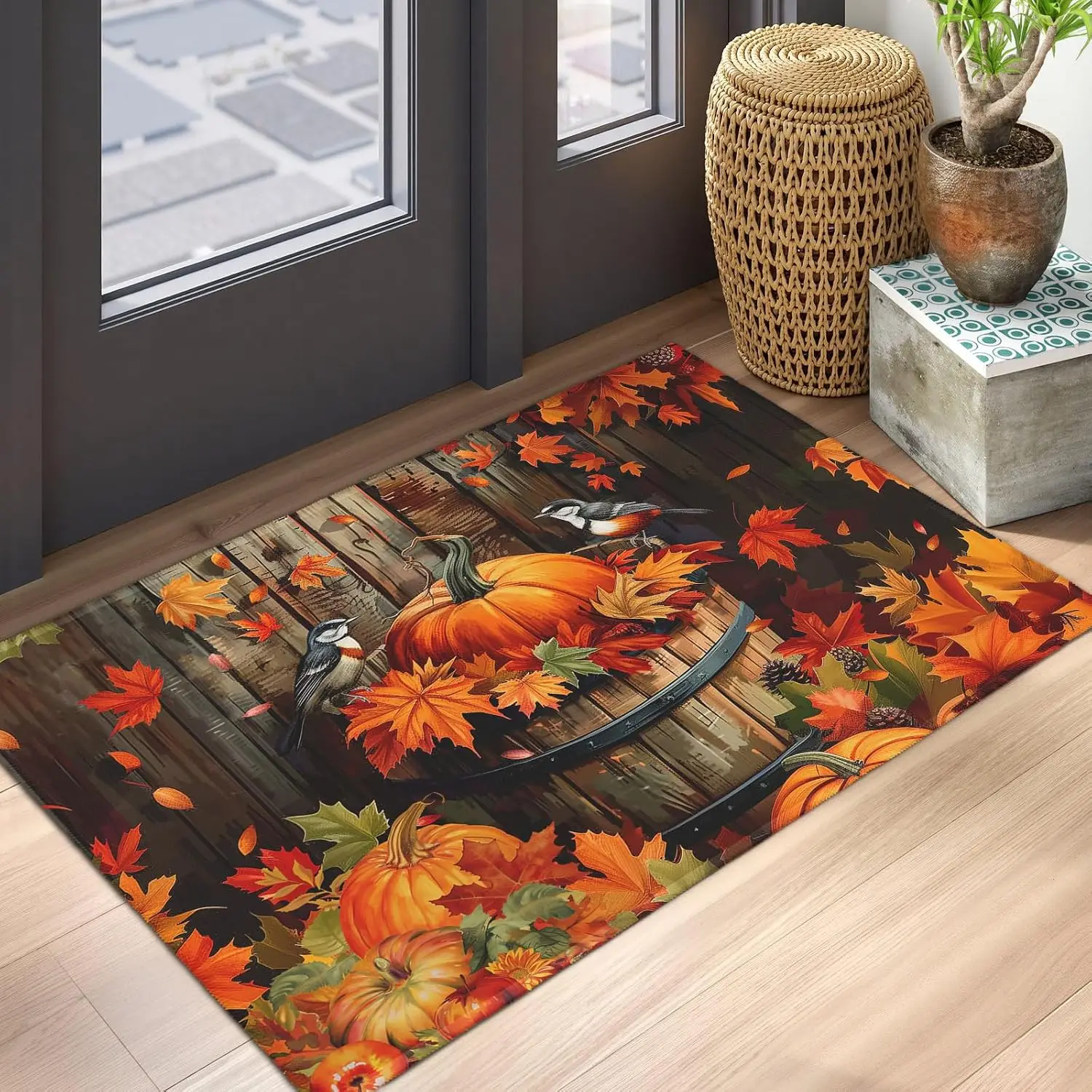 Orange Maple Leaves Doormat Welcome all Maple Leaf Mat Entrance Entry Door Rug Indoor Outside Machine Wash Decor Gifts Home