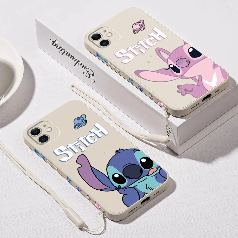 Disney Stitch Phone Case for Apple iPhone XS XR 7 8 12 X 15 Plus 11 Pro SE 14 Pro Max 13 Mini Square Liquid Cover