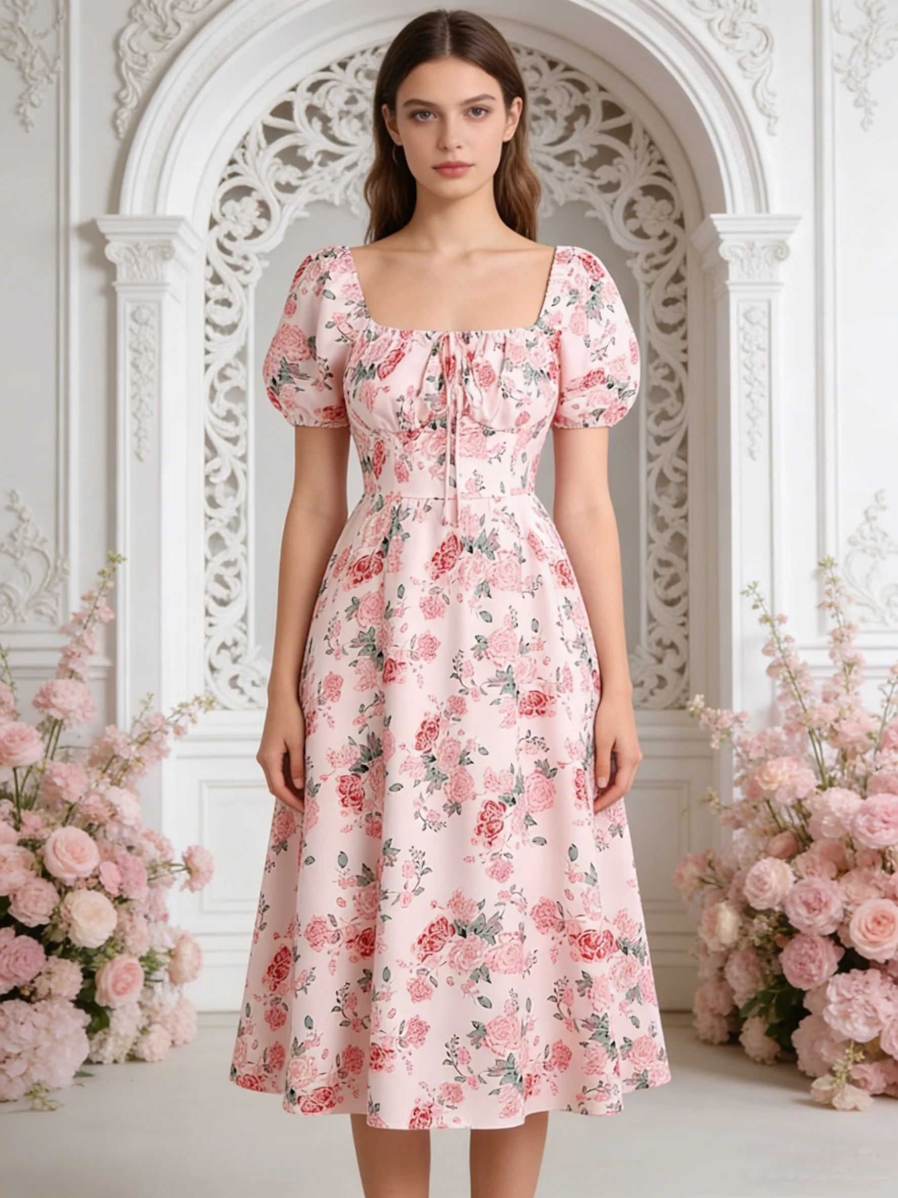 

Летнее платье с квадратным вырезом и пышными рукавами для женщин больших размеров, в европейском и американском стиле, повседневное, элегантное, модное.