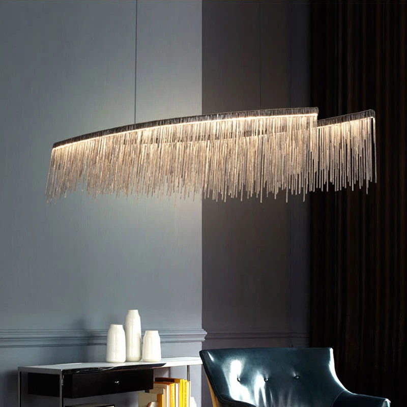 

Post - Modern Nordic Long Chandelier, Single Unit With Tassel And Aluminum Chain For Dining Room, Bar, Coffee Shop, Unique Decor
