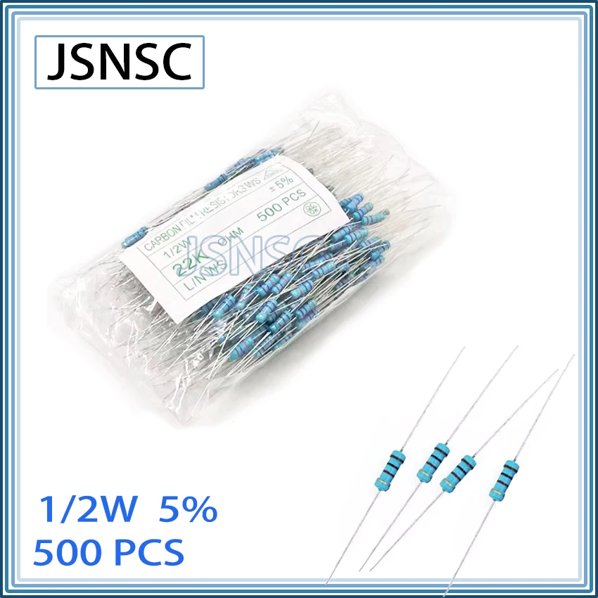 JSNSC-resistencia de inmersión de película de carbono, 500 piezas, 5%, 1/2W, 390R, 430R, 470R, 510R, 560R, 620R, 680R, 750R, 820R, 910R, 1K, 2K, 3K, 10K, 12K, 15K, 18K, 20K, OHM