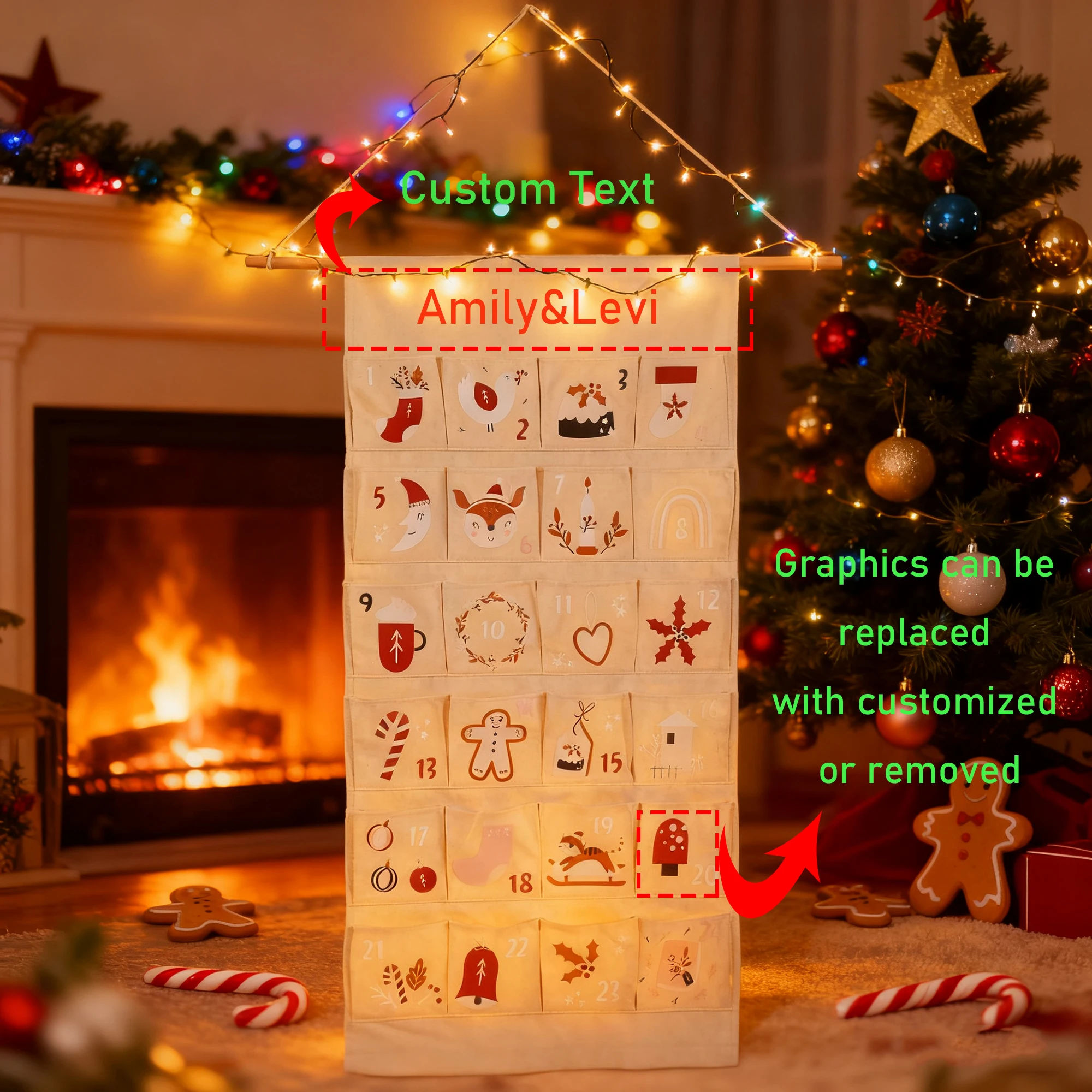 

Custom Text Pattern Christmas Advent Calendar Reusable Fabric Wall Hanging Farmhouse Xmas Gift for Kid Countdown Home Wall Decor