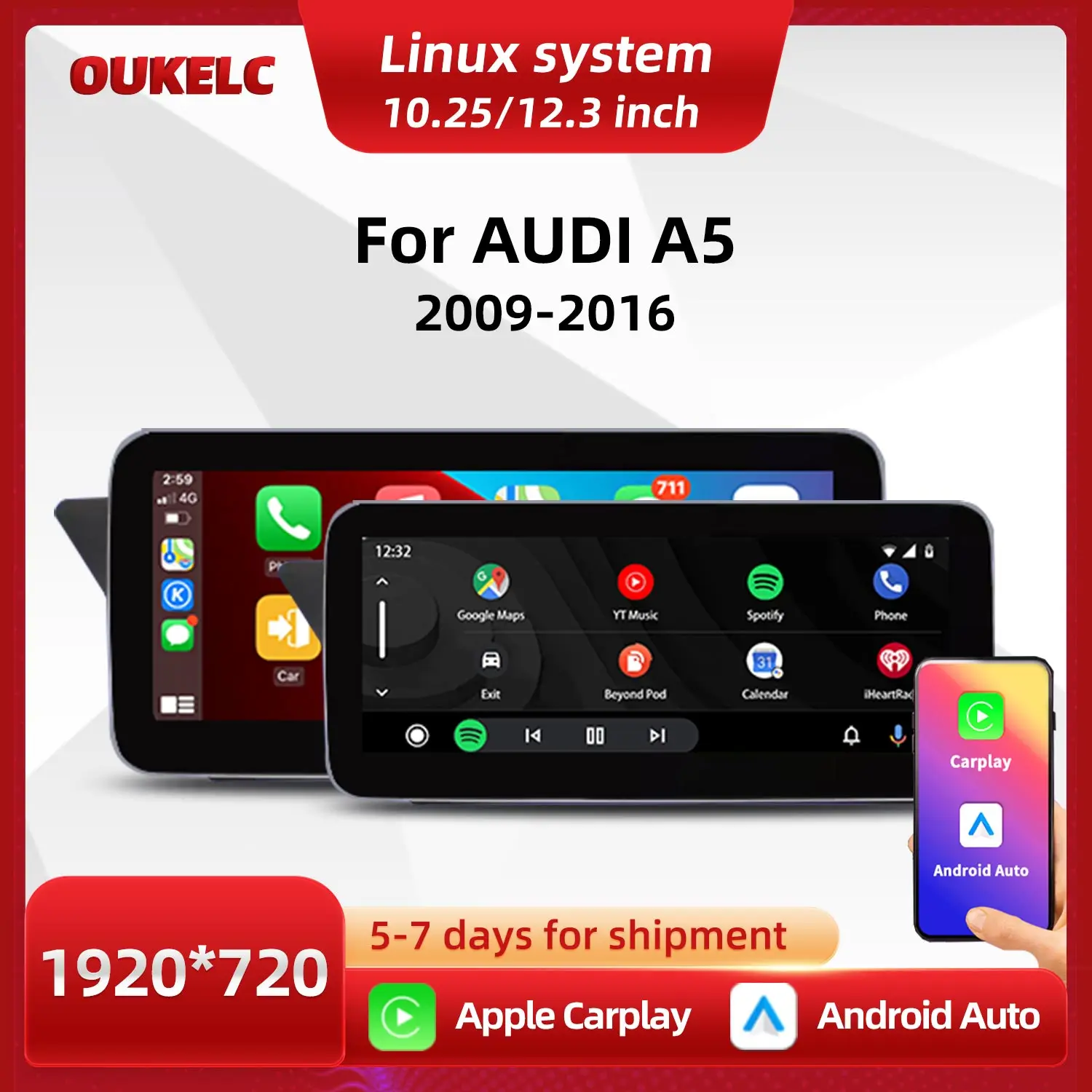 

10.25 12.3 For AUDI A5 2009-2016 Multimedia Video Player Wireless Carplay BT Stereo Display Android Auto Monitor Screen Carplay