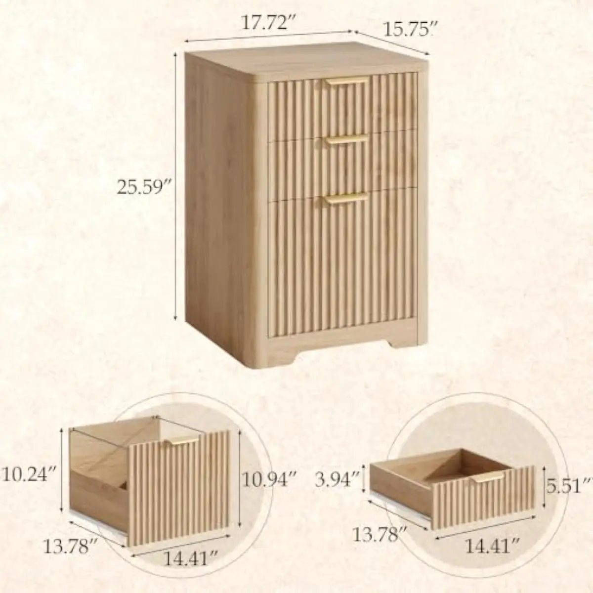 3-Drawer Lateral File Cabinet with Fluted Engineered Wood Panels • Modern Textured Finish • 15.75 x 17.72 x 25.59 Inches • Top T