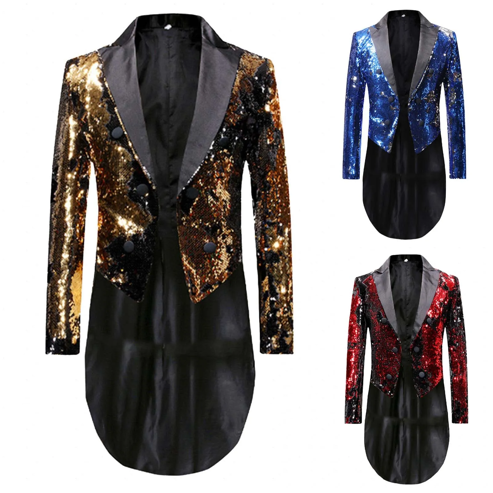 Mens Red Black Sequin Tailcoat Jacket Dress Coat Double Breasted Dinner Party Stage Tuxedo Blazer Suit Jacket Stage Costume