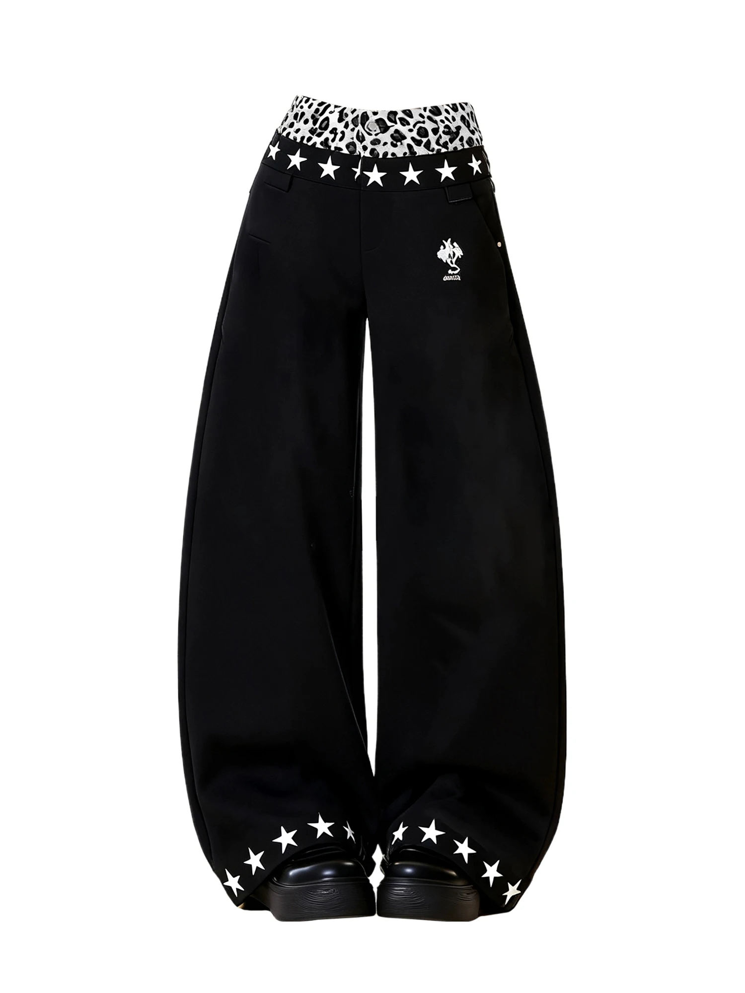Women's Black Gothic Y2k Baggy Leopard Patchwork Jeans Vintage Harajuku Emo Star Jean Pants 2000s Oversize Denim Trousers Autumn