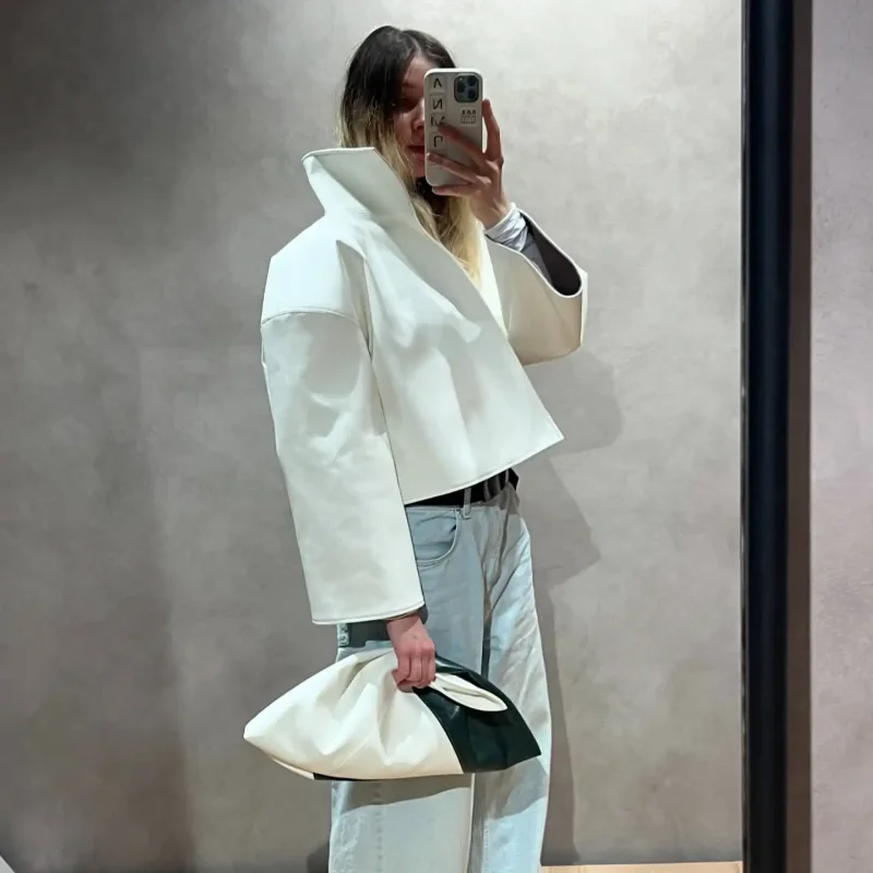 White Loose Stand Collar Faux Leather Jacket Fashion Open Front Drop Shoulder Loose Short Coat 2026 Autumn Daily Street Outfits