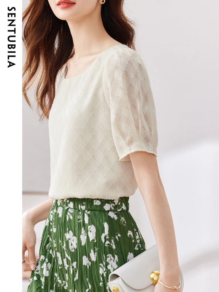 

SENTUBILA Elegant Jacquard Chiffon Shirts & Blouses for Women 2024 Summer Round Neck Short Sleeve Pullover Solid Basic Tops