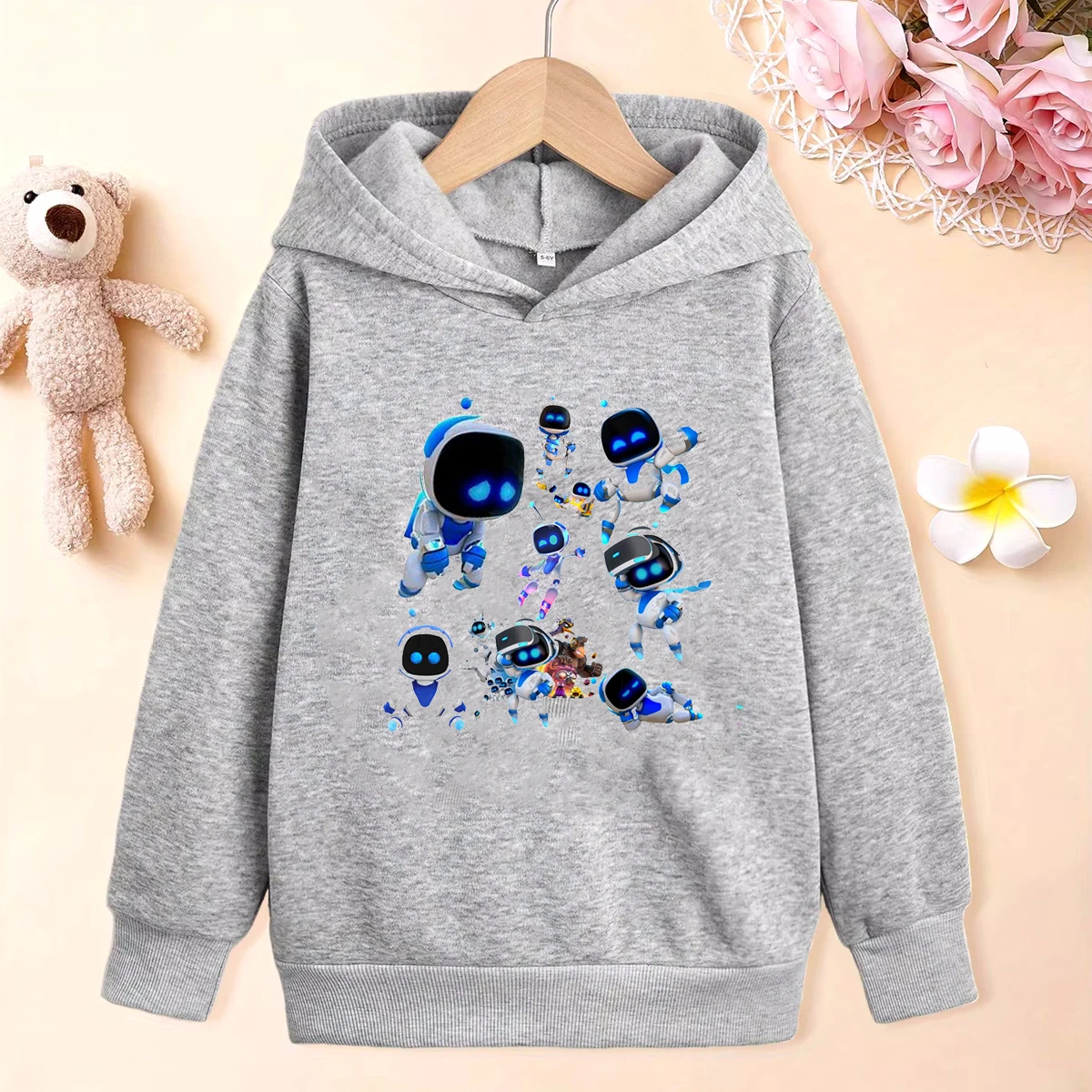 New Boys Hoodies Anime Astros Playroom Cartoon Print Kids Hoodie Harajuku Toddler Baby Long-Sleeved Grey Sweatshirt Plush Jacket