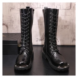 famous brand designer boots for men fashion lace-up genuine leather shoes black high boot punk motorcycle long botas masculinas