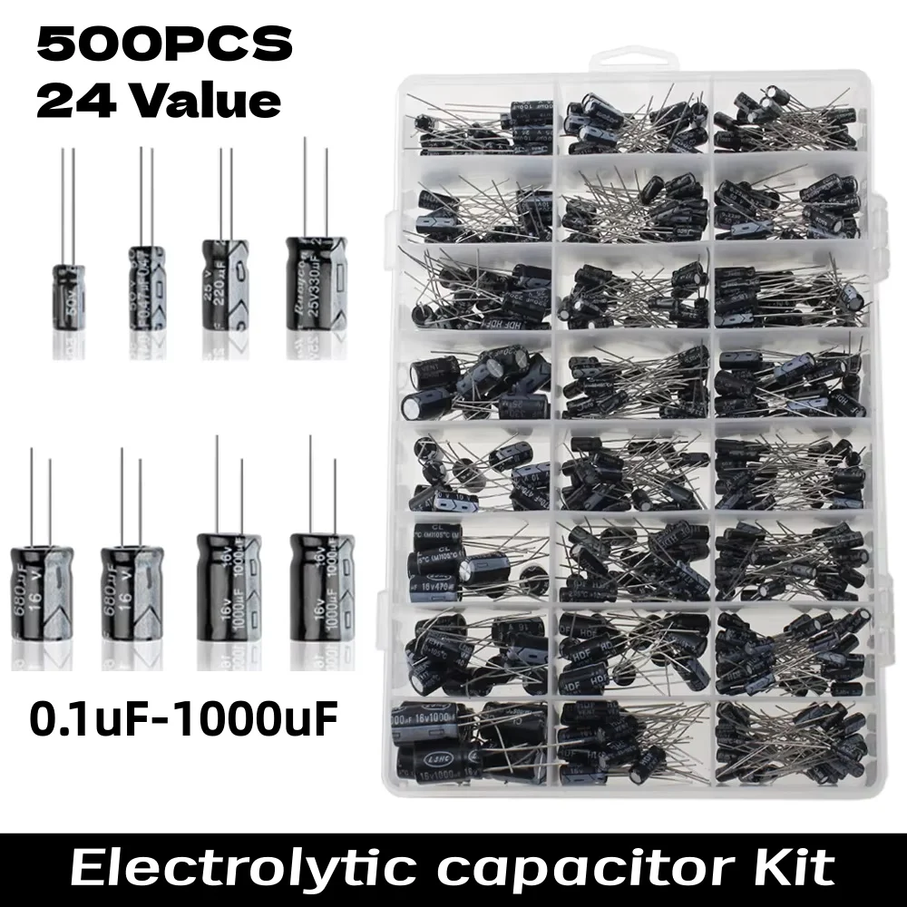 Aluminum Electrolytic Capacitor Assorted Kit 500Pcs 24 Values 0.1uF‑1000uF 10V 16V 25V 50V Mixed Set for Circuit Repair