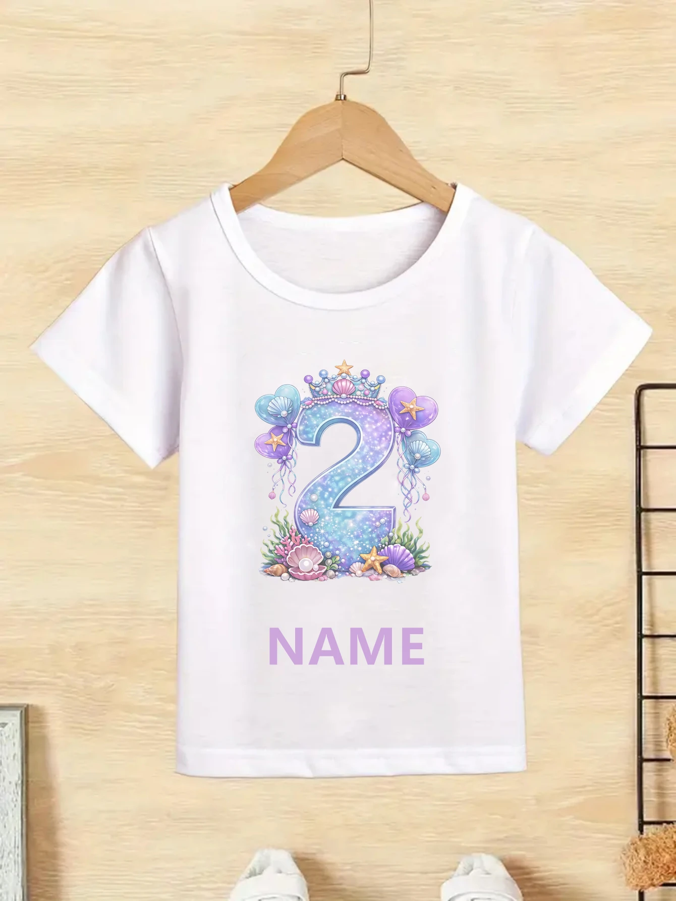 Customized Name Birthday Girls T-Shirt Colorful Starfish, Seashell Ocean Themed Balloons, Blue Pearl Crowns Printed Tshirt Tops