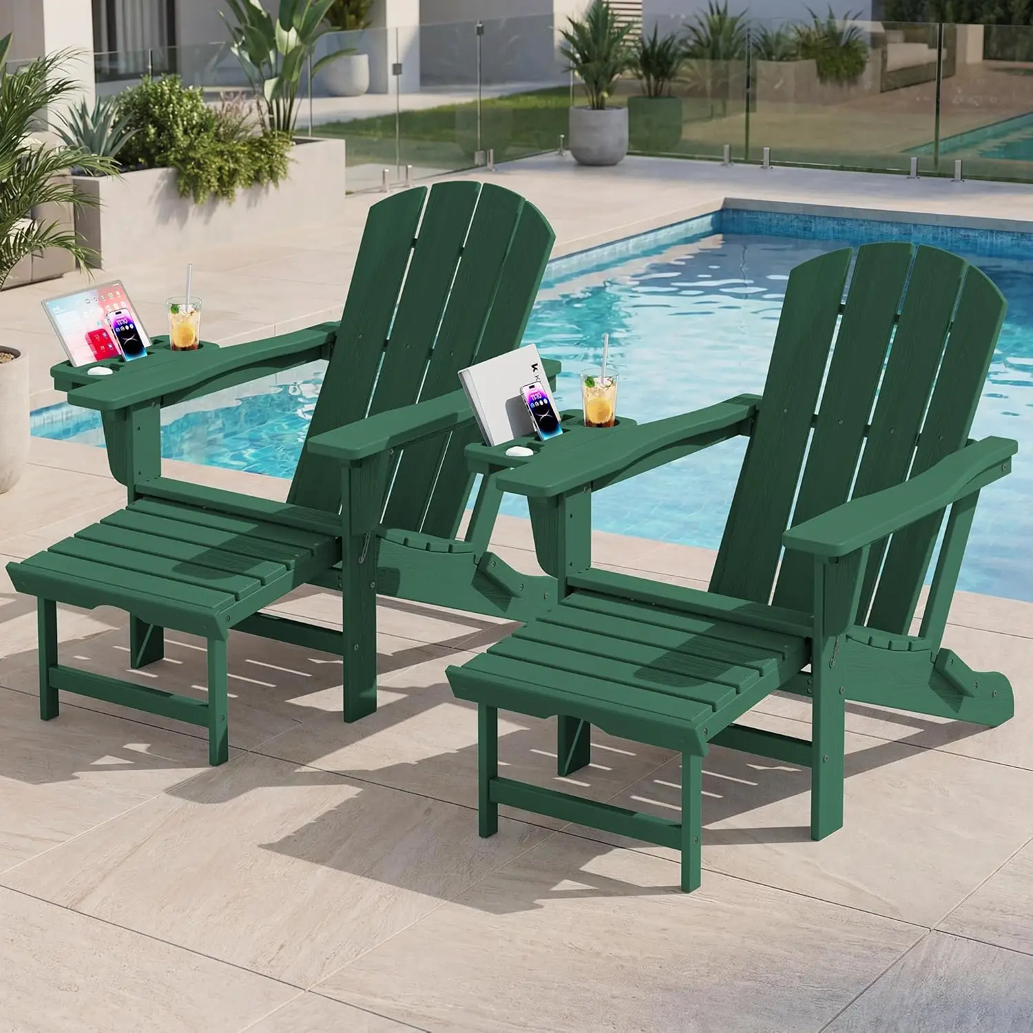 Adjustable Folding Adirondack Chair with Footrest & 4-in-1 Armrest Organizer, HDPE Foldable Recliner with Ottoman, Customized