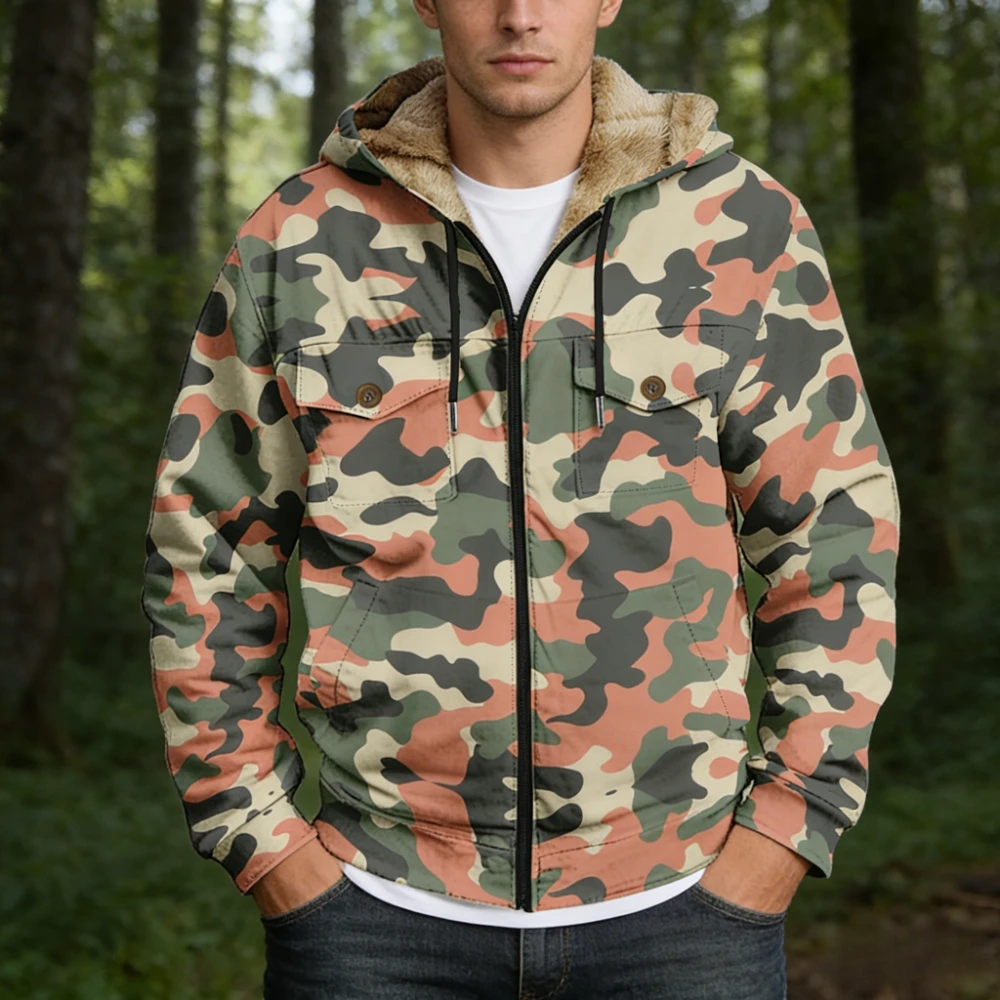 

Мужская зимняя теплая куртка-бомбер с флисовой подкладкой, камуфляжным принтом, капюшоном, молнией и карманами на пуговицах, ветрозащитная, для активного отдыха