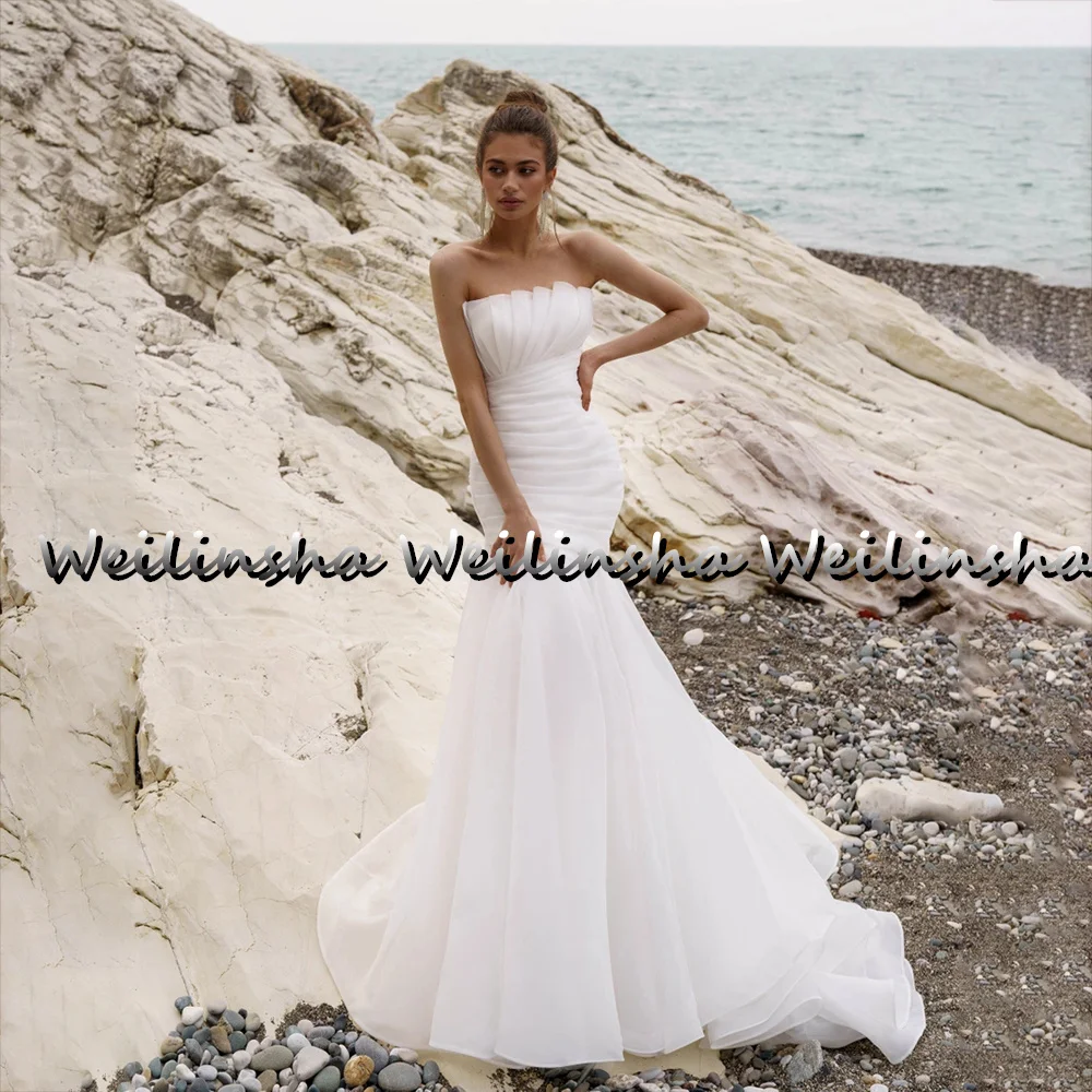 Weilinsha Boho Strapless Wedding Dresses Sweep Train 2022 Charming Sleeveless Mermaid  Gowns Zipper Back