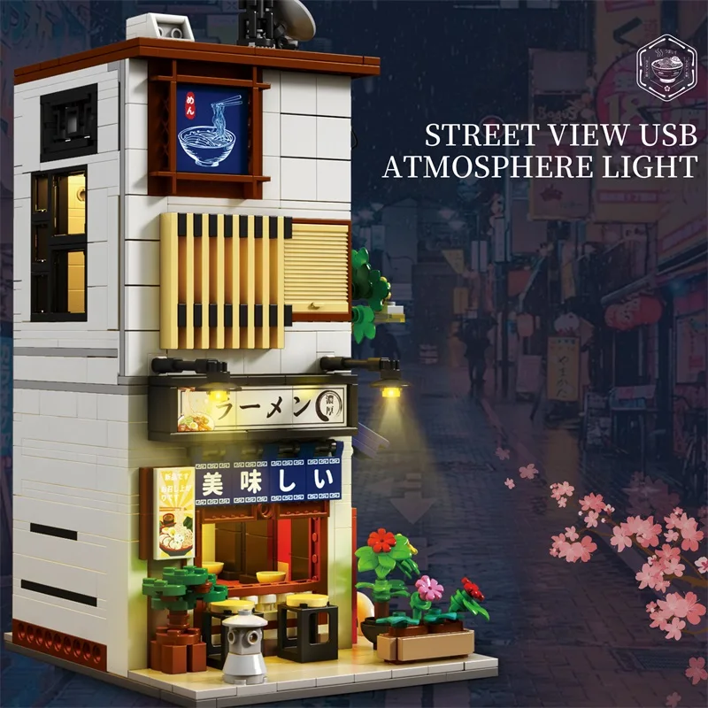 2 in 1 Ramen Store Building Blocks Japanese Street Scene Building Model MOC Bricks With Lights Desktop Decoration Kids Toys Gift
