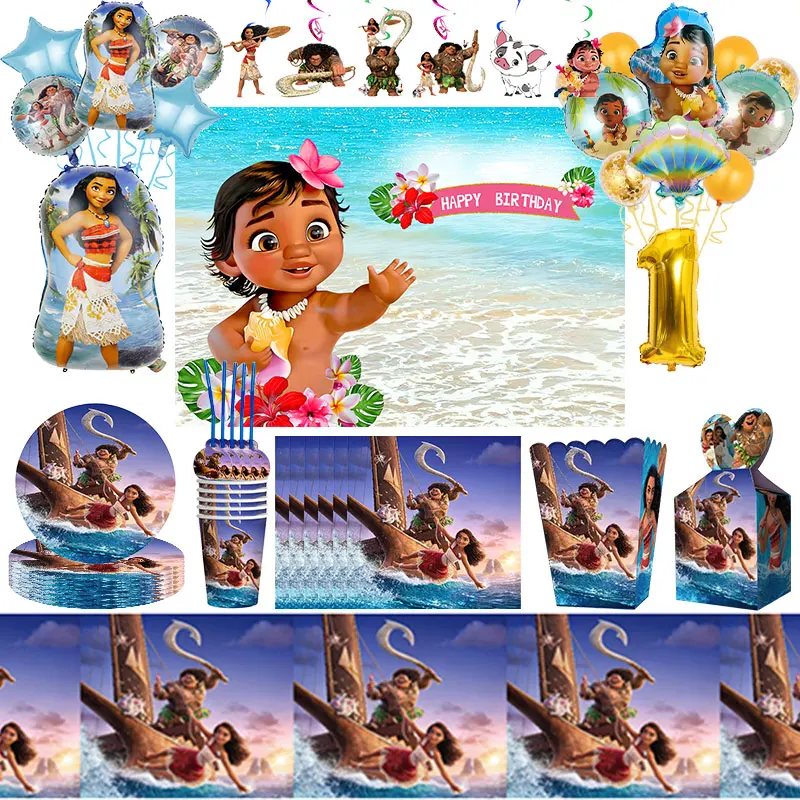 Moana Birthday 2 Decoration Oceania Vaiana Tableware Set Plates Cups Tablecloth Balloon Backdrop Girl Birthday Party Supplies