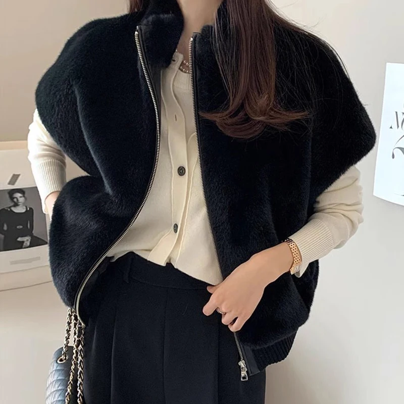 Women's Autumn Winter Stand Collar Zip Up Faux Mink Hair Vest Outwear Lady Streetwear Solid Color Fluffy Faux Fur Vest Top