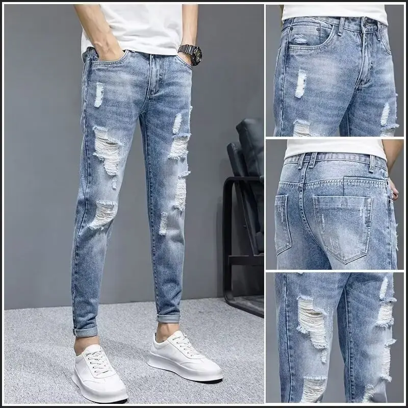 

2024 New Summer Men's Jeans Casual Slim Fit Ripped Distressed Denim Pants for Men Broken Denim Blue Cowboy Streetwear Pants